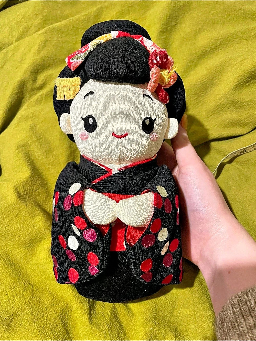 Authentic Kyoto Maiko plush doll with red and black chirimen crepe fabric
